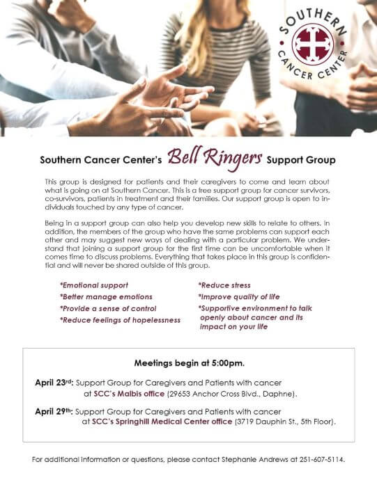 The meeting schedule of Southern Cancer Center's Bell Ringers Support Group. The meeting schedule of Southern Cancer Center's Bell Ringers Support Group.