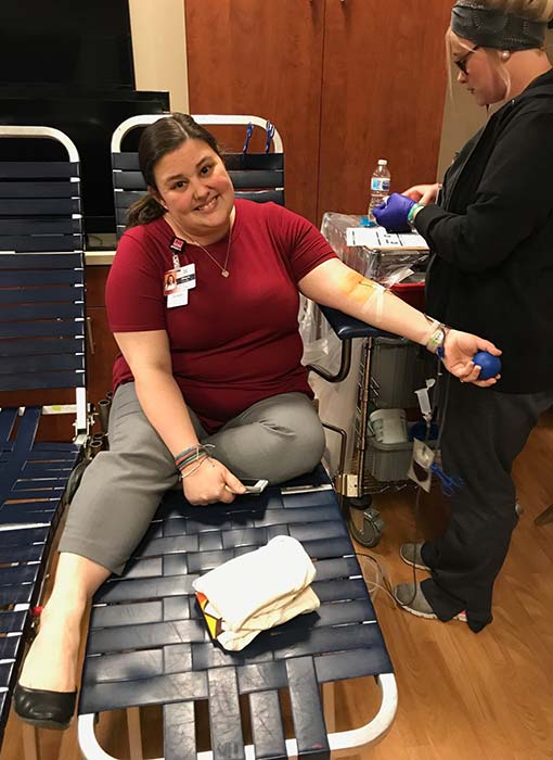 Woman donating blood at the SCC Blood Drive