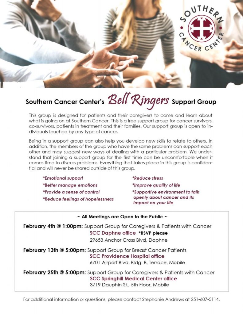 Southern Cancer Center Bell Ringers Support Group February Schedule