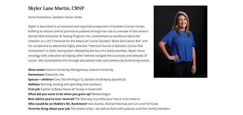 Portrait and bio of Skyler Martin, CRNP at Southern Cancer Center